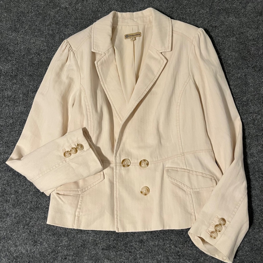 Democracy Womens Cream Herringbone Denim Blazer Peplum Jacket BN7671LUX2 Size M